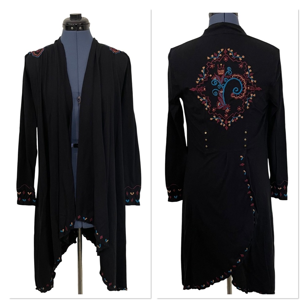 Caite Black Embroidered Boho Duster Cardigan Open Front Western Boho Artsy S